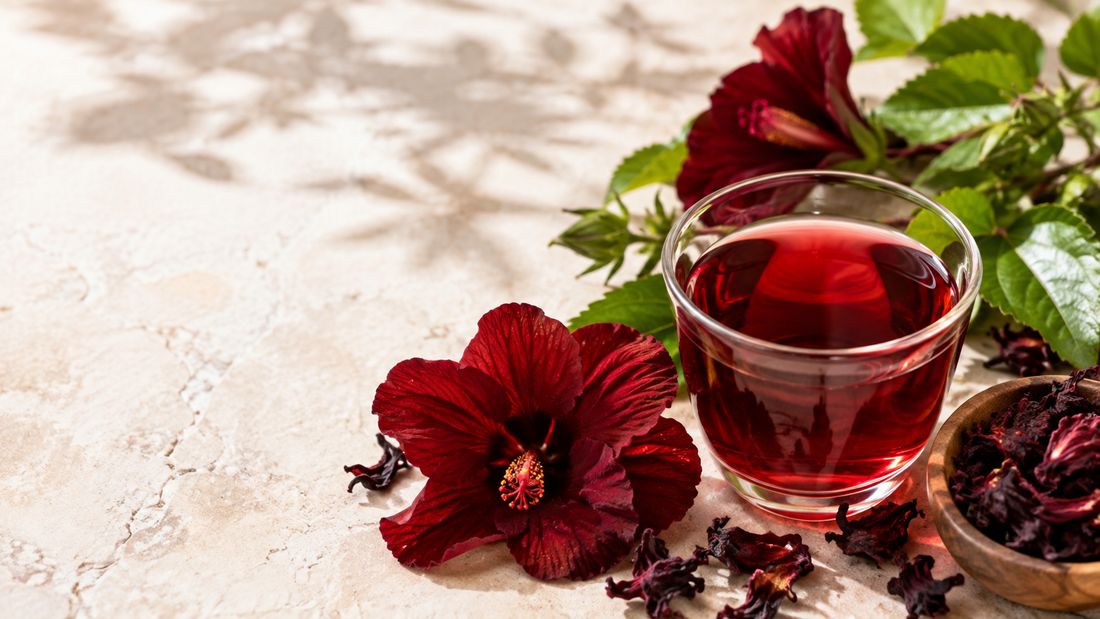 Flori roșii de hibiscus și o infuzie rubinie într-un decor premium natural