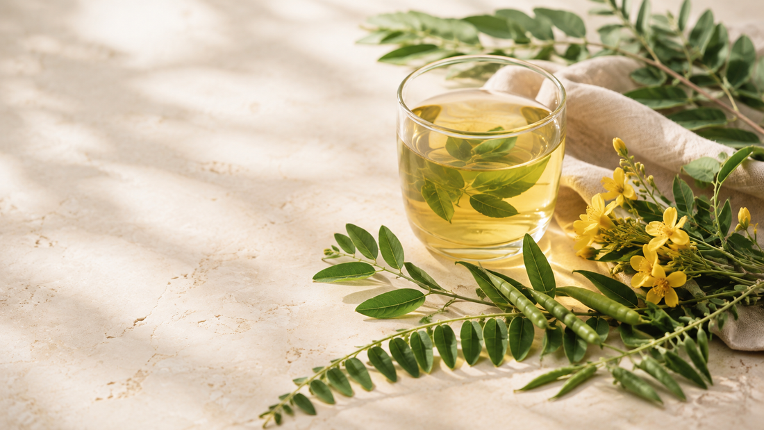 Frunze de senna și o ceașcă de infuzie într-o compoziție botanică luminoasă