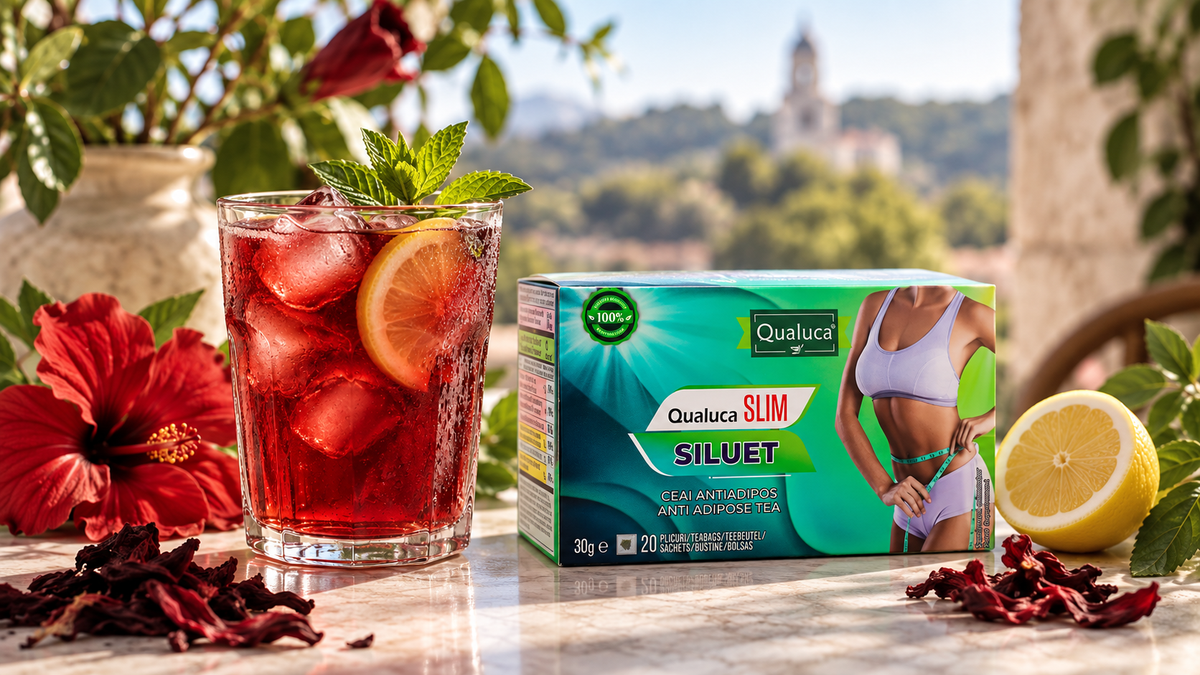 Qualuca Slim Siluet alături de ceai rece cu hibiscus și lămâie