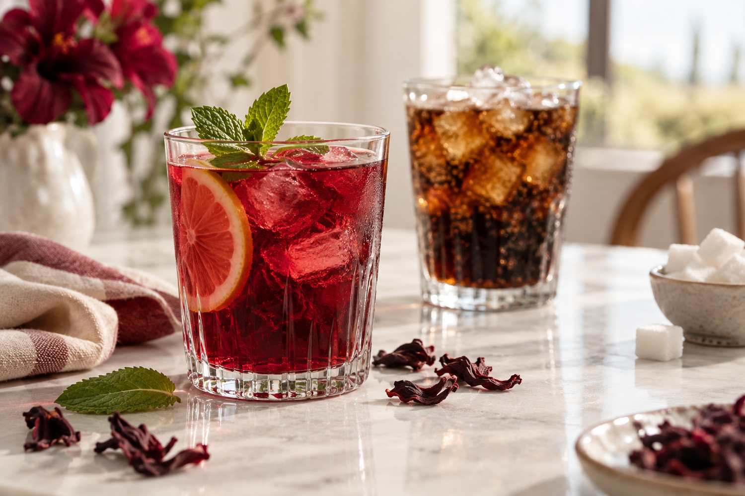 Ceai rece de hibiscus lângă o băutură dulce și cuburi de zahăr