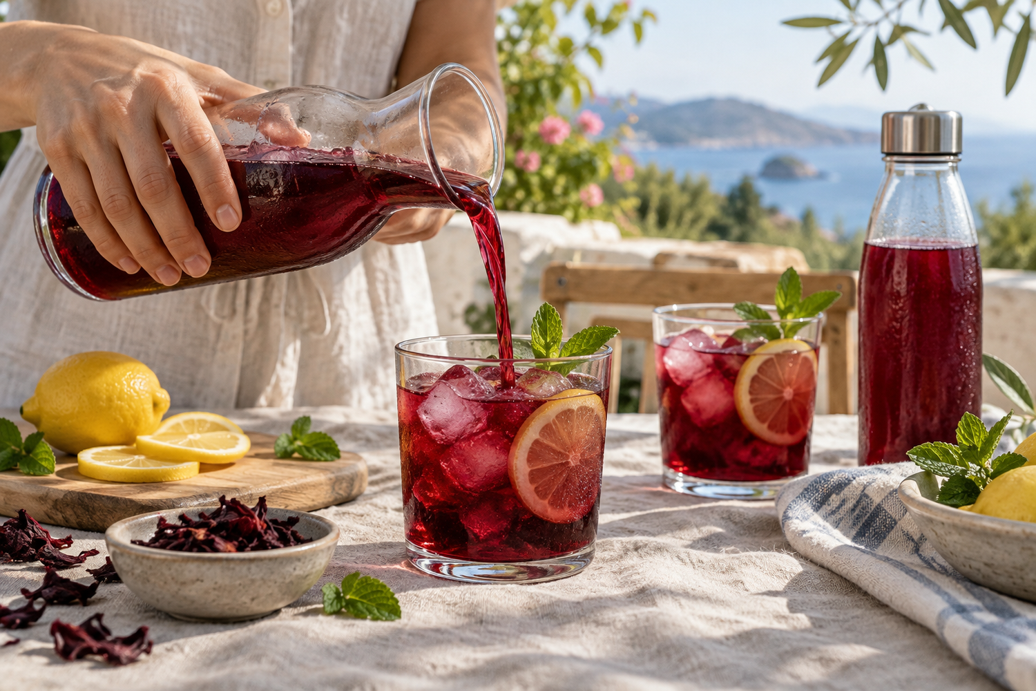 Prepararea unei infuzii reci de hibiscus cu gheață, lămâie și mentă