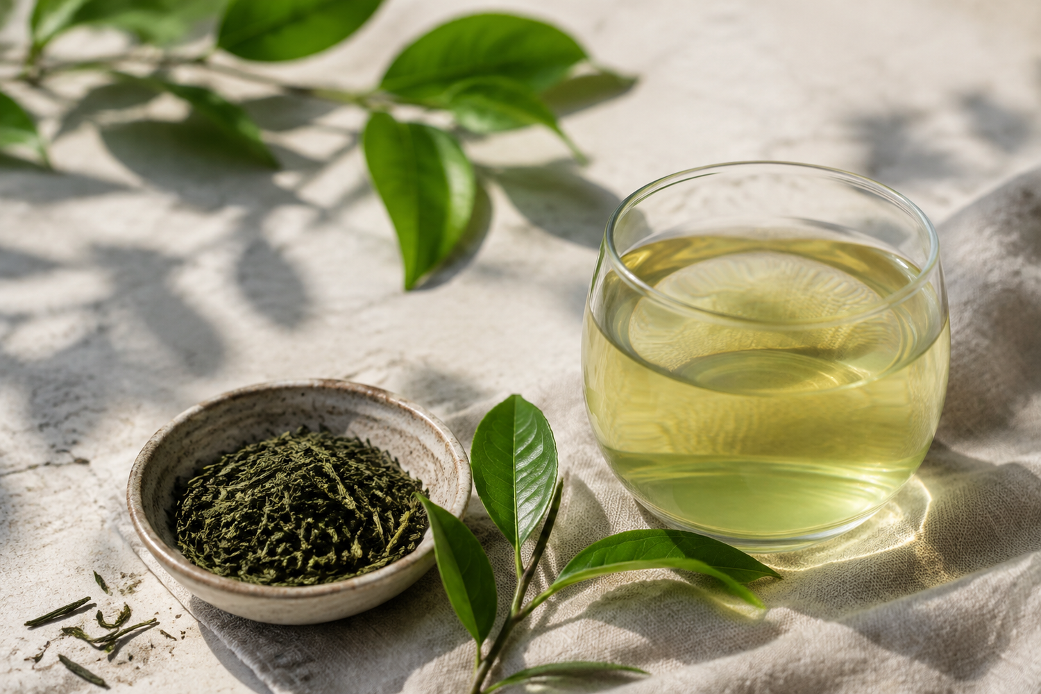 Frunze de ceai verde și o infuzie limpede în lumină naturală