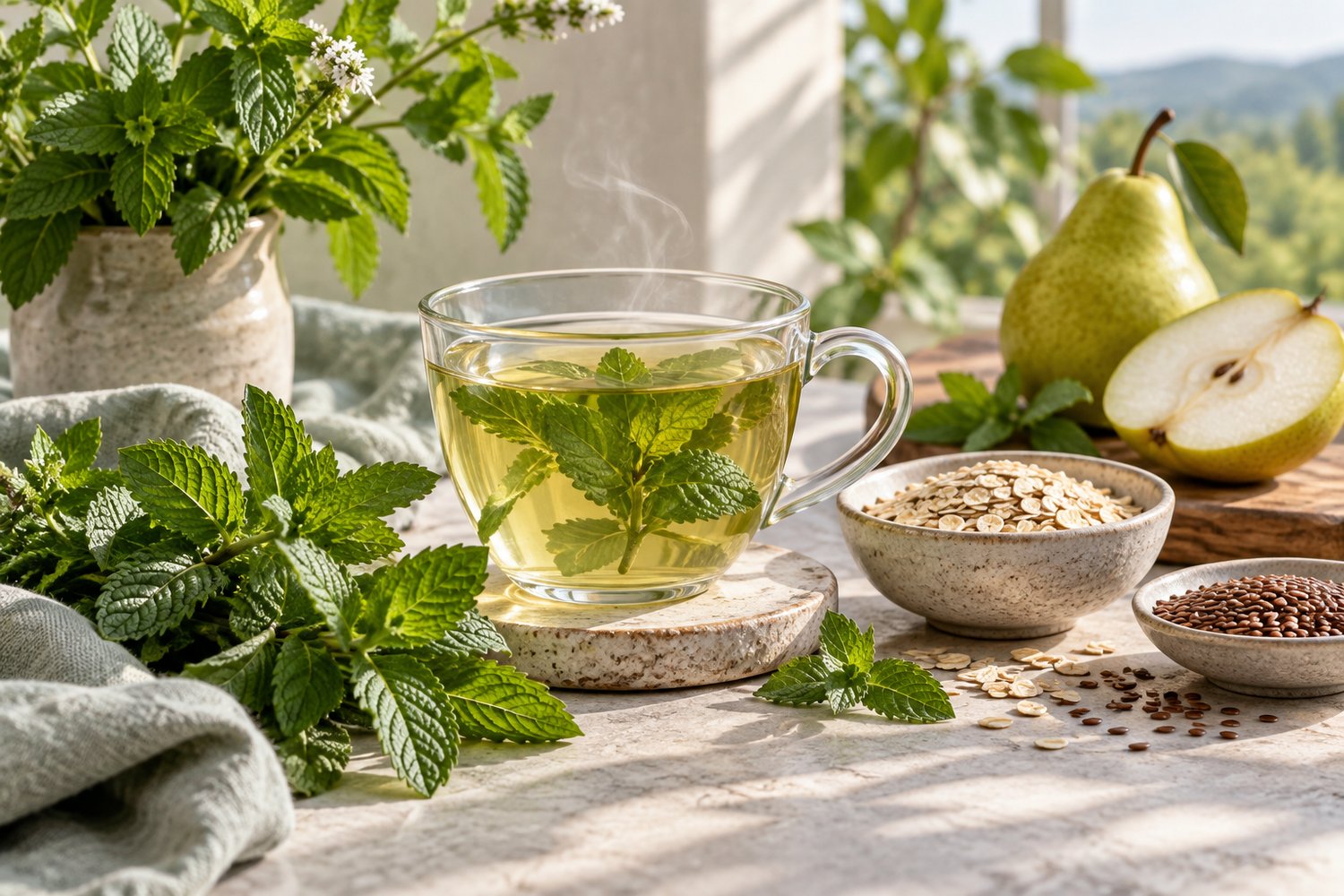 Infuzie de mentă alături de pere, ovăz și semințe