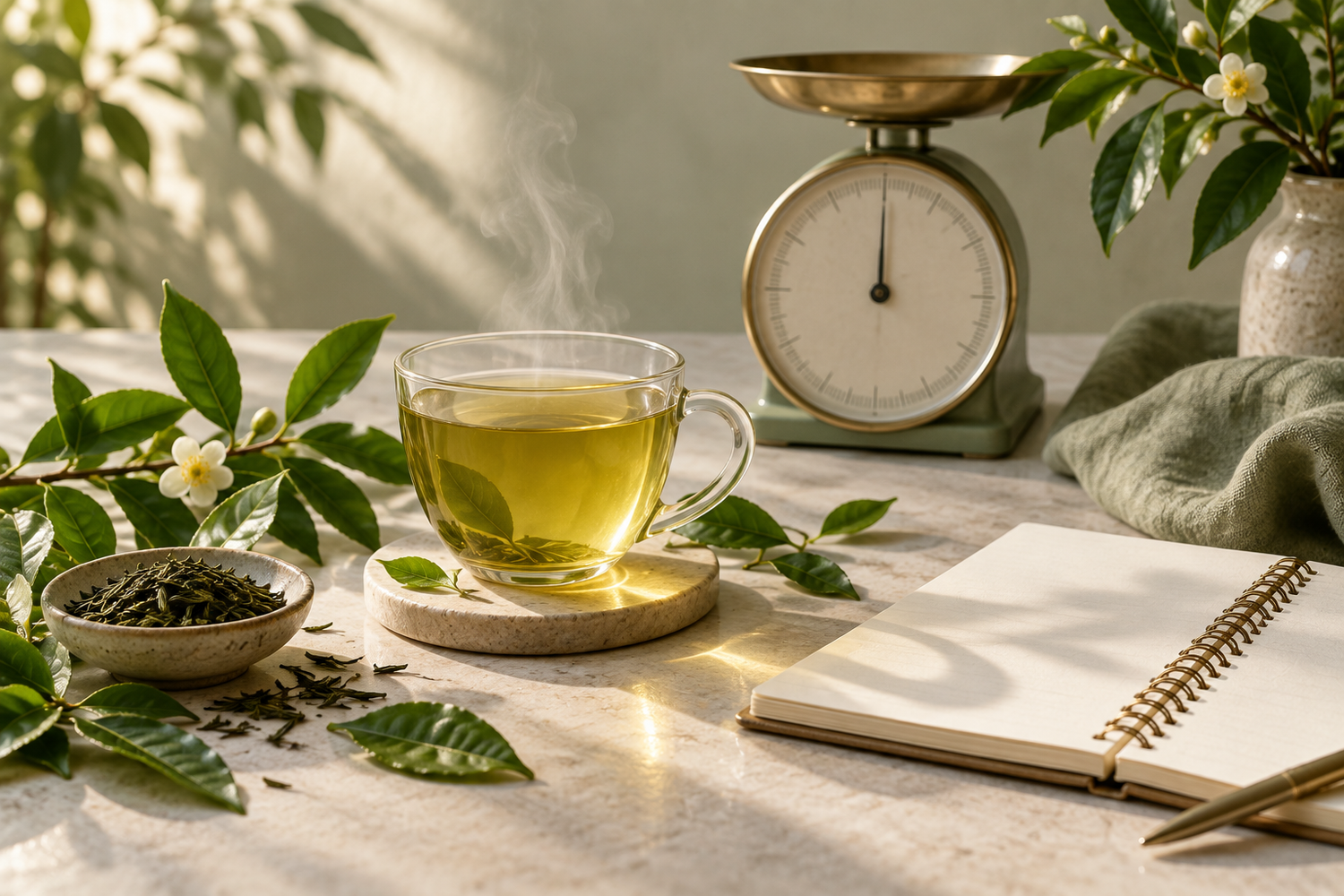 Infuzie de ceai verde, frunze și un cântar de bucătărie într-o compoziție editorială