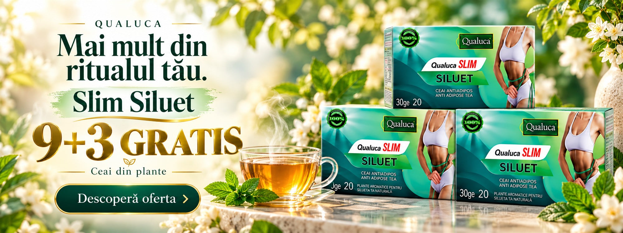 Mai mult din ritualul tău. Slim Siluet, ceai din plante. Oferta 9+3 GRATIS. Descoperă oferta.